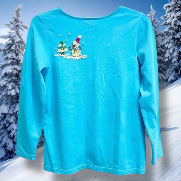 Beaded & Sequined Front & Back Snowman Turquoise Cotton Long Sleeve Tee Size Med - Picture 3 of 7